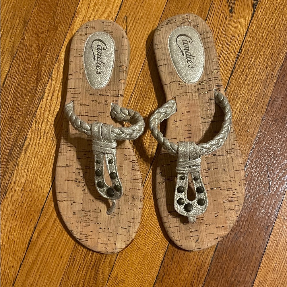 Candie's Gold and Cork Slip-On Sandals